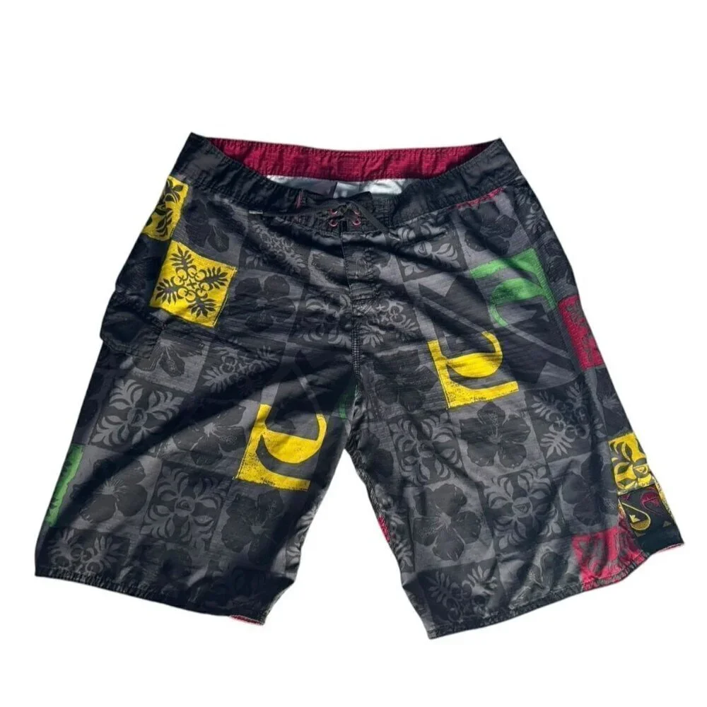 Reef Men's Sz 38 Tropcial Black Yellow Red Green Boardshorts